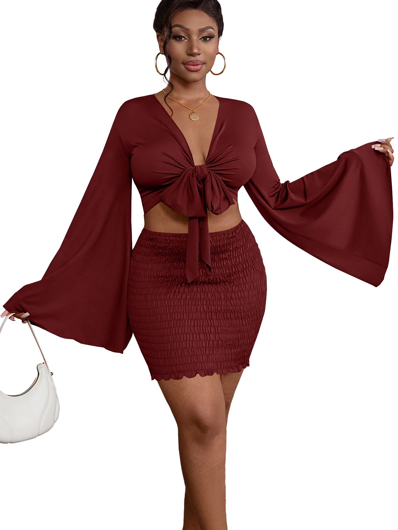 LYANER Women 2 Piece Vacation Outfits Tie Knot Front Bell Long Sleeve Crop Top and Mini Skirt Summer Set