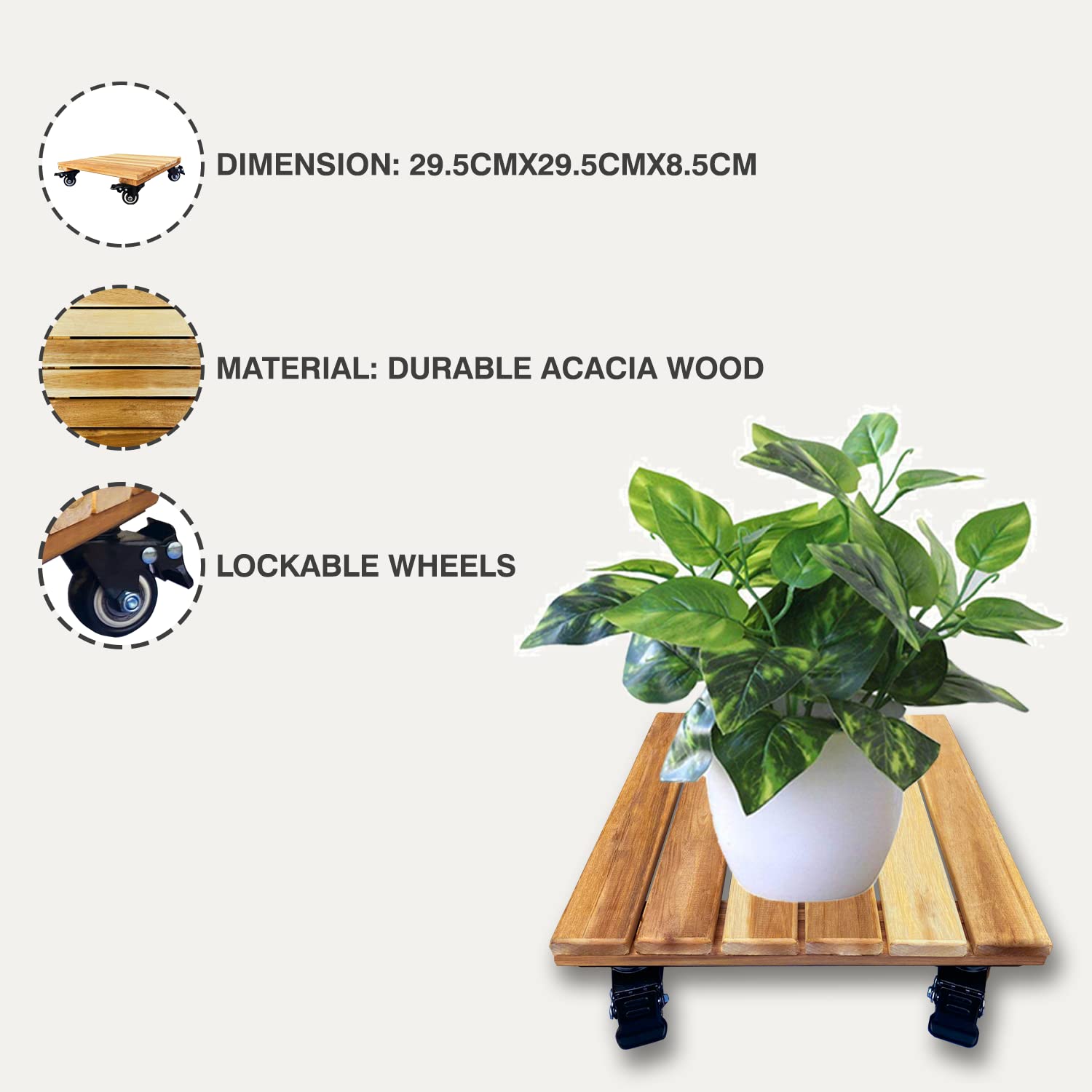 Room Faire Acaia Wood Plant Caddy Small Square Shaped, Wooden Heavy Duty Plant Stand with Lockable Caster Square Sturdy Design For Indoor and Outdoor - Rolling Plant Stand