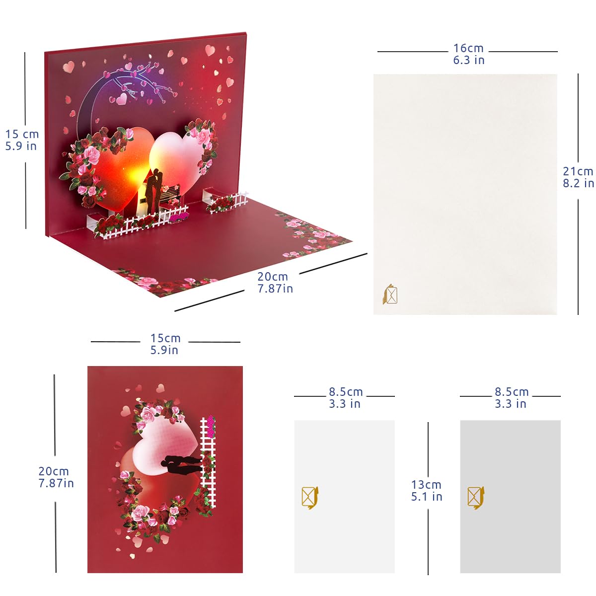 Tarjeta de San Valentín con luz y música, romántica tarjeta de felicitación emergente, aniversario, con sobre.