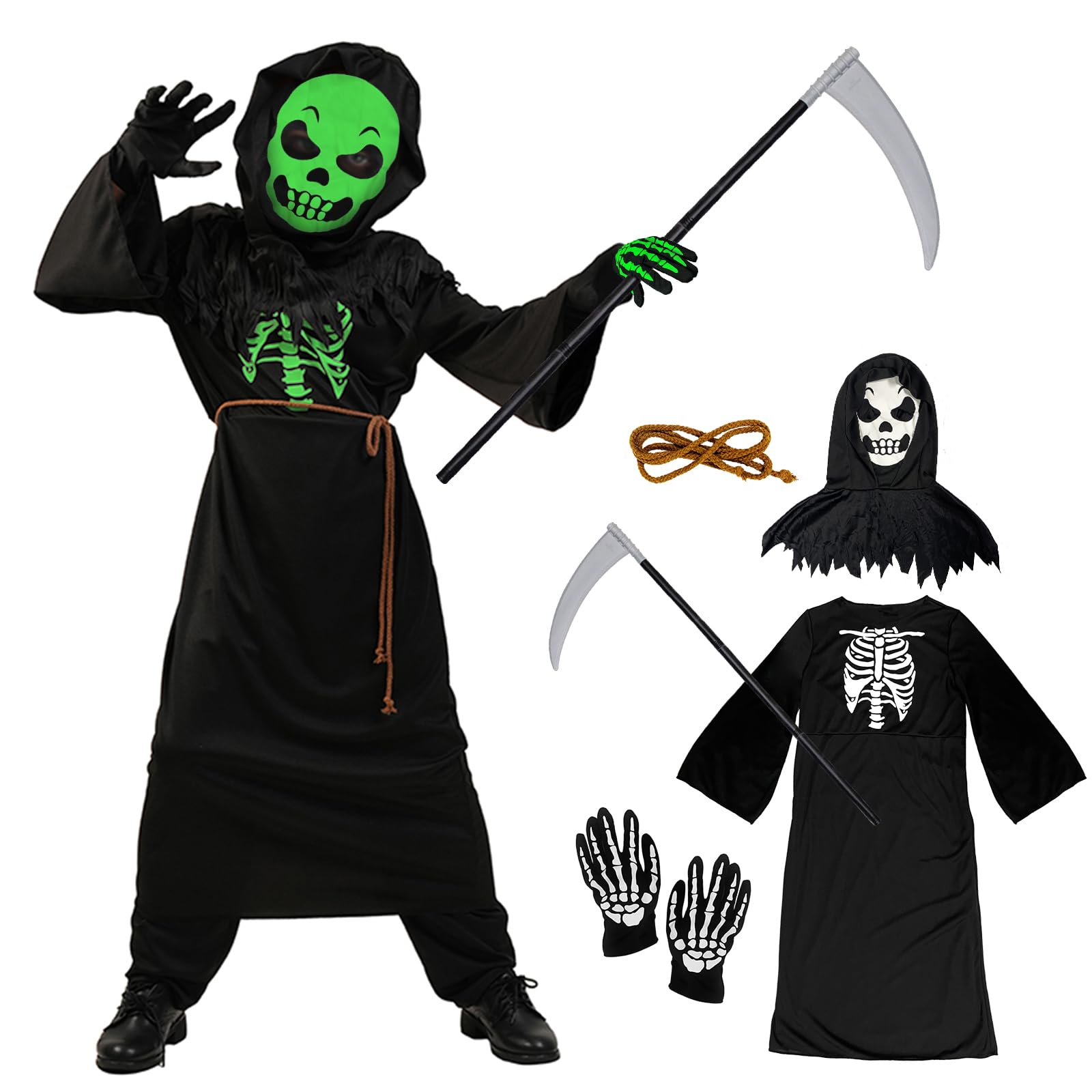4-12 AñOs Disfraz Halloween NiñO, Disfraz Muerte NiñO Brilla En La Oscuridad, Disfraz Fantasma NiñO Con MáScara De Calavera GuadañA, Disfraz Esqueleto NiñO Para Carnival Halloween Fiesta Cosplay