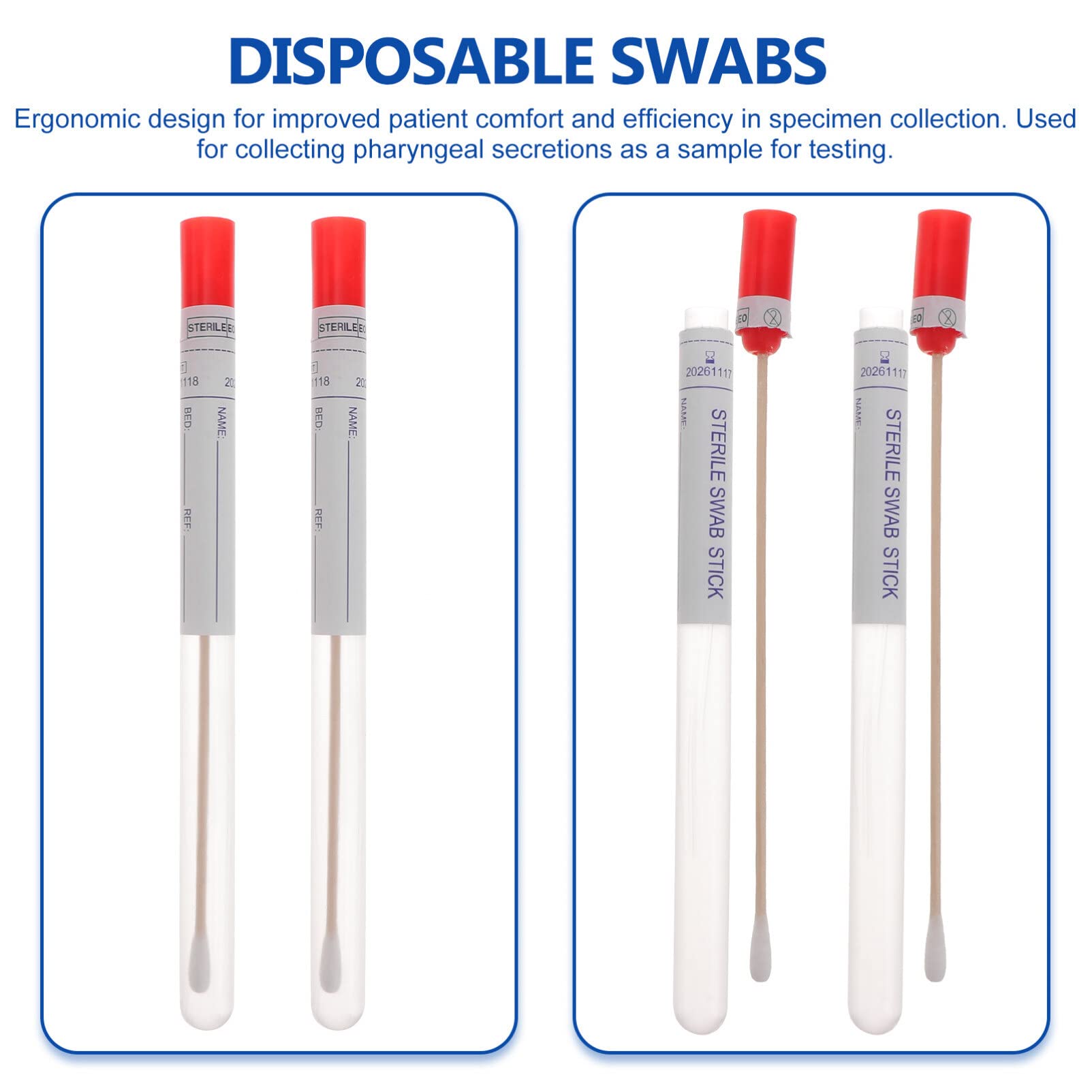 iplusmile Lot de 100 Écouvillon de Prélèvement Stérile 17,5cm, Bâtonnet Long en Bois et Coton à Usage Unique, Écouvillons Emballage Individuel pour Spécimen de Gorge, Test Médical et Laboratoire