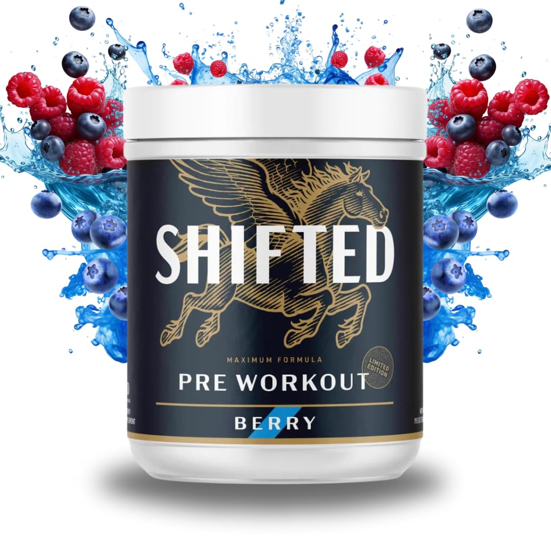 SHIFTED Maximum Pre Workout Powder, Energy & Focus Supplement with Creatine Monohydrate, Beta Alanine, Caffeine, Electrolytes, Pre-Workout Drink Mix, Muscle Pump/Growth Support, Berry, 20 Servings