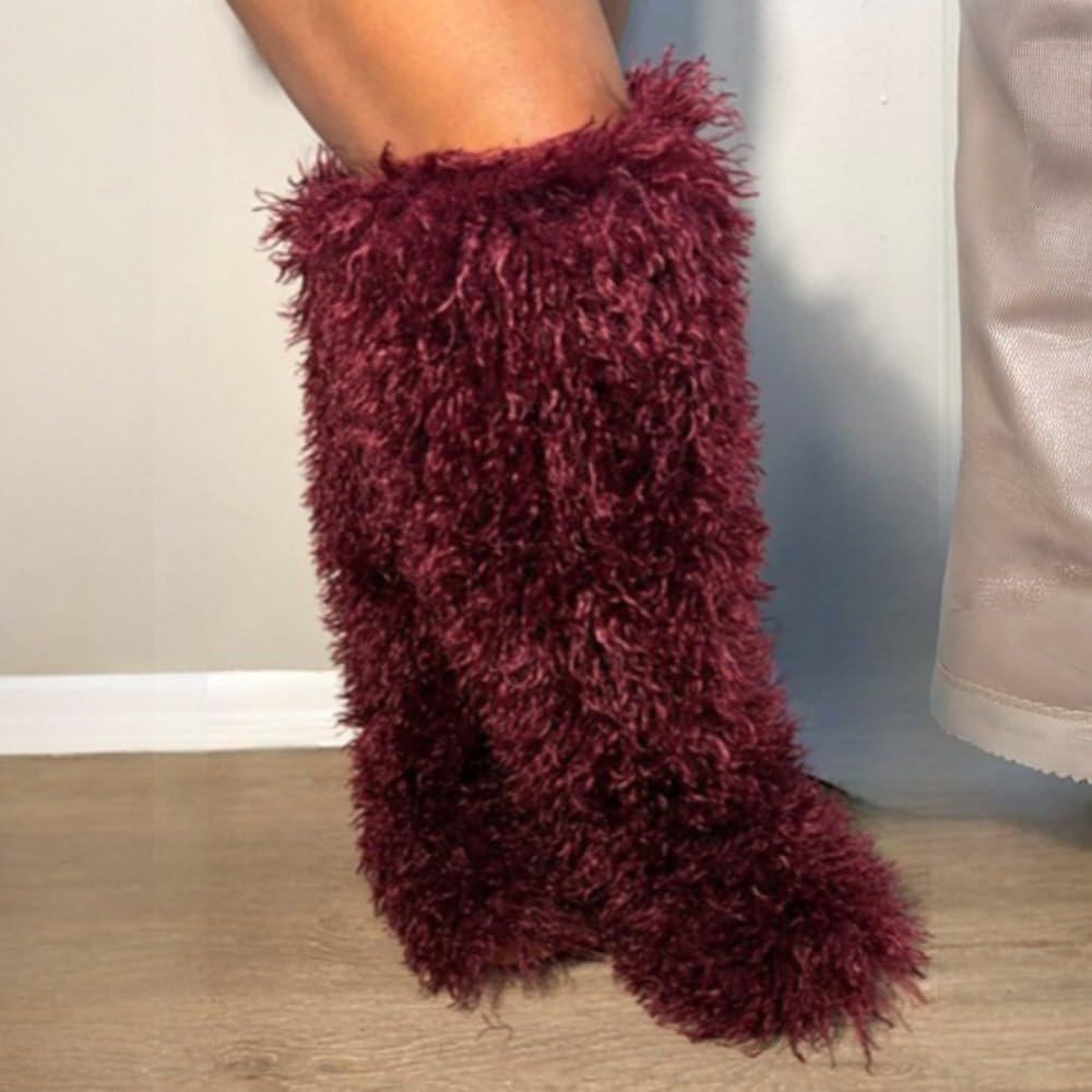 Liliana Women Over the Knee Thigh High Faux Fur Boots, Tall Fashion Fluffy Furry Boots