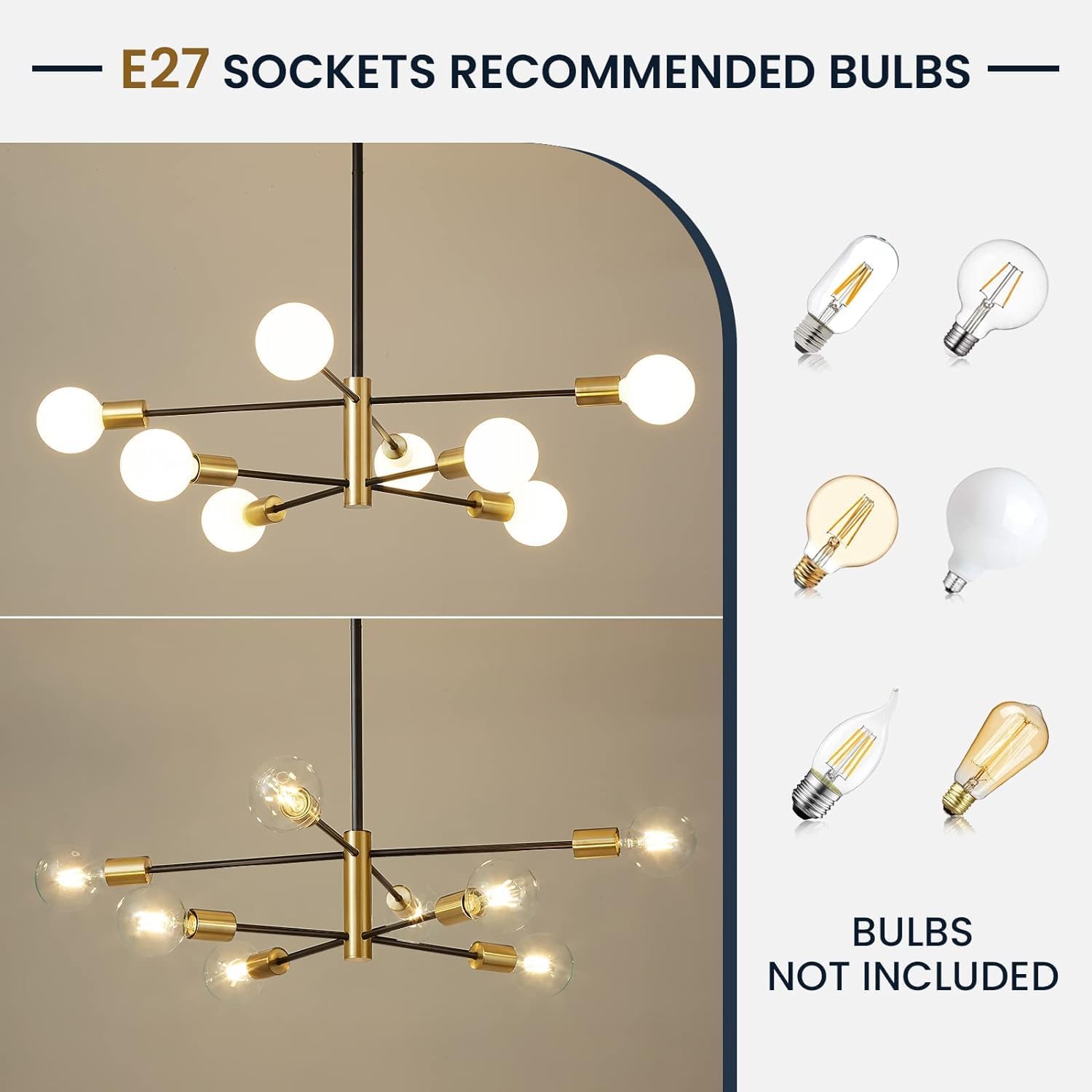 Sputnik Chandelier Black and Gold Ceiling Light Height Adjustable E27 Modern Ceiling Lighting Fixture Farmhouse Pendant Lamp for Living Room Bedroom Dining Room Kitchen Office (8-Light)