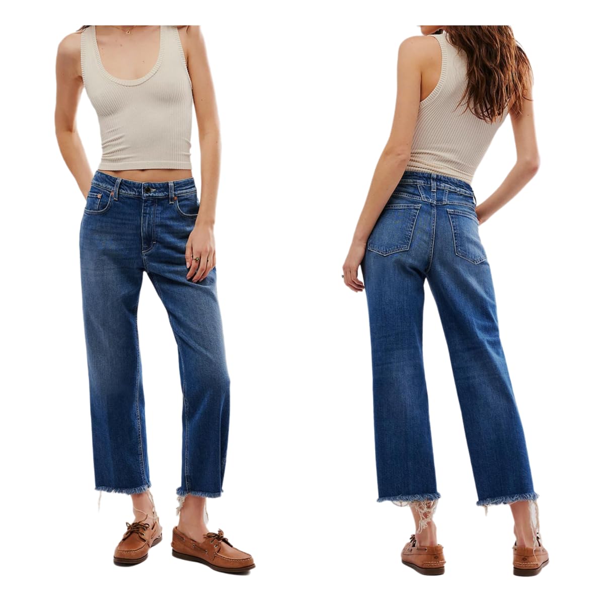 Jeans Donna Larghi da Gamba Dritta Orlo Sfilacciato Larga Jeans-Blu Scuro-l