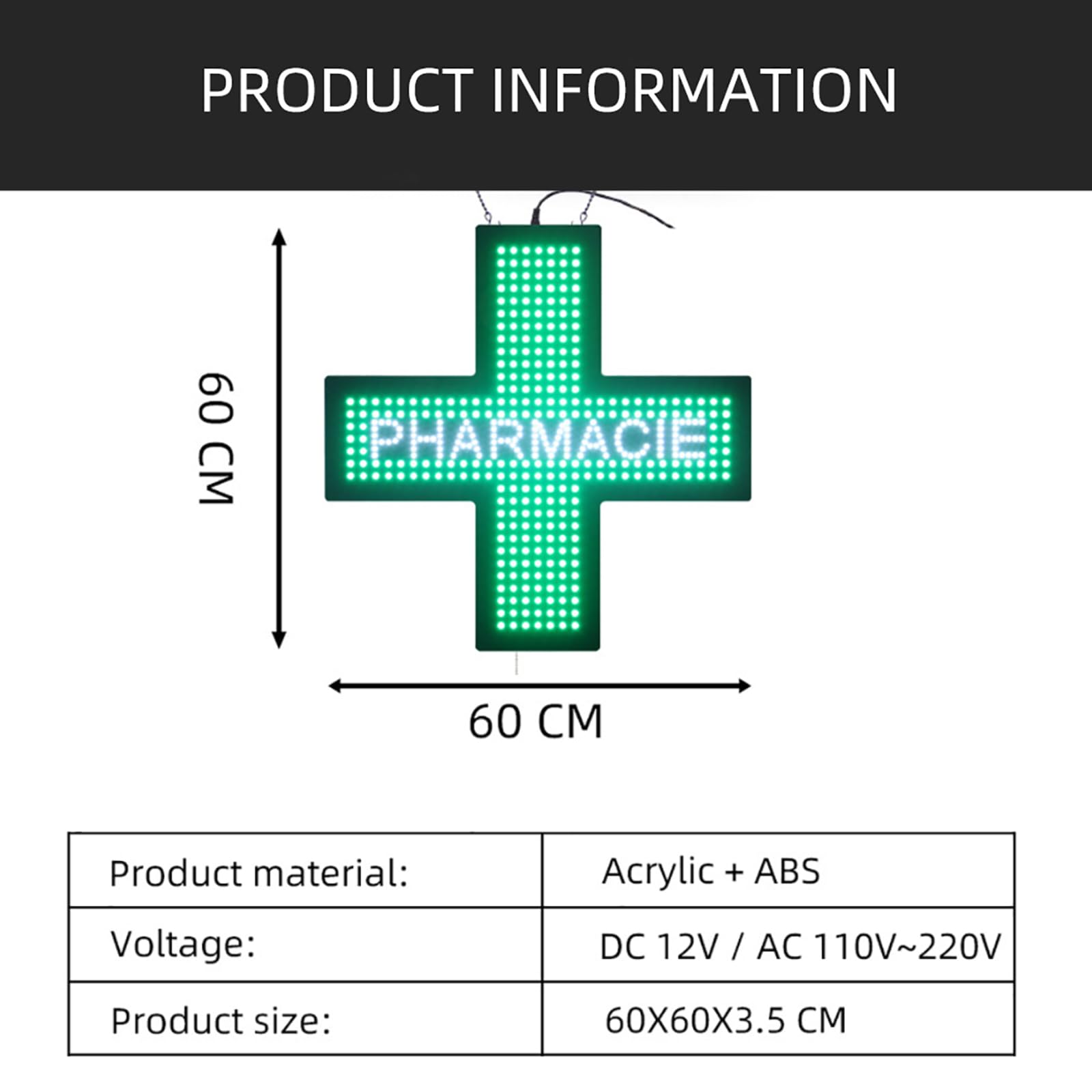 60 x 60 cm LED medyczny znak krzyżowy, 13 W billboardy medyczne z wiszącym metalowym łańcuchem, kabel adaptera 150 cm, 3 tryby świecenia, wysoka jasność i oszczędność energii, do szpitali, aptek
