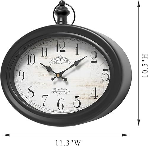 Miniatura 2 de Reloj de pared ovalado retro, estilo antiguo vintage, negro, funciona con pilas, para granja, sala de estar, cocina, dormitorio, baño (10.5 pulgadas