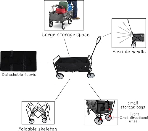 Miniatura 3 de HTTMT - Negro multifunción carro plegable ruedas portátiles al aire libre para la utilidad, camping, comestibles, compras, transporte para niños,