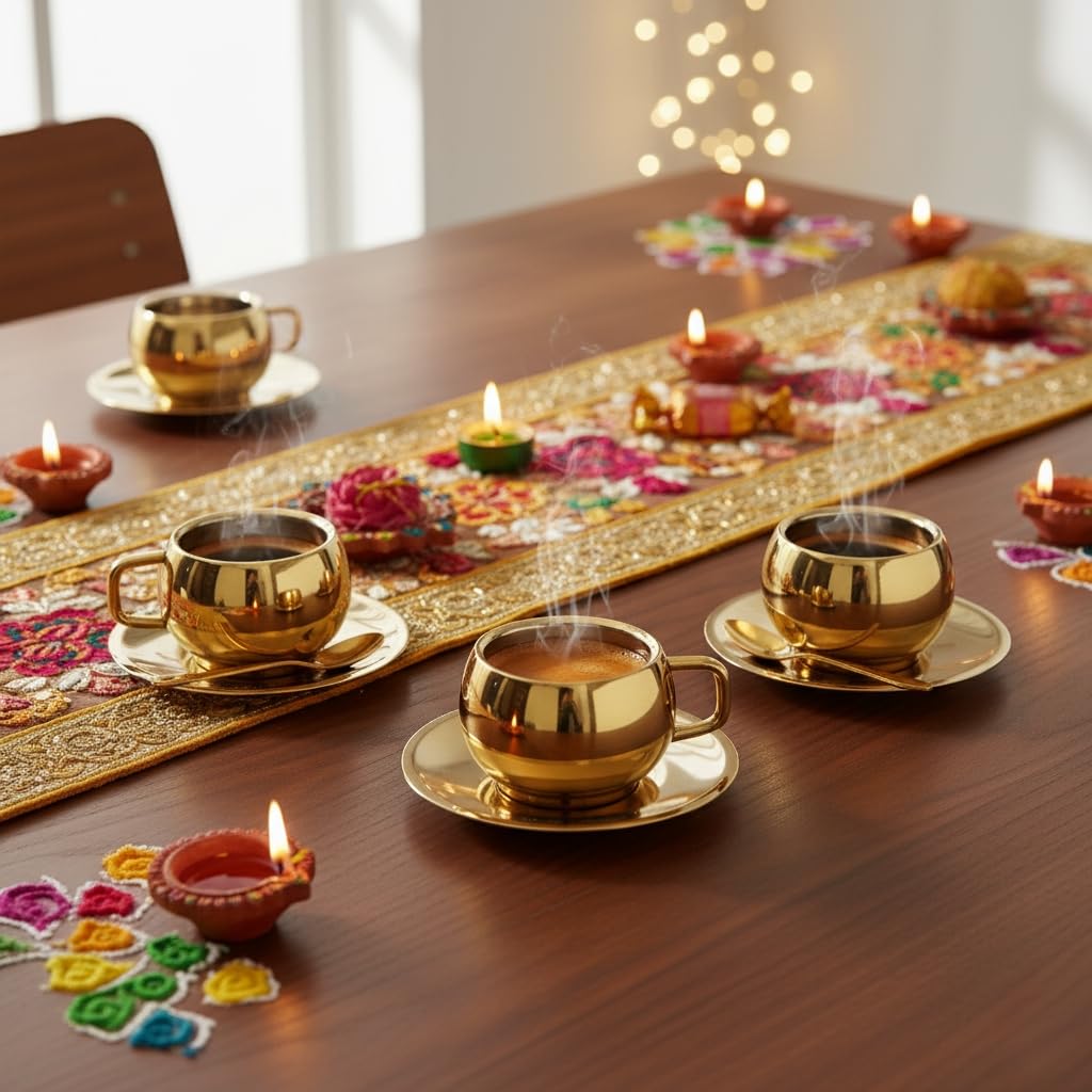 LASER ART Stainless Steel with Gold PVD Coating Tea Cup & Saucer Set, Capacity- 150 ml, Elegant Gift for Diwali, Home & Office (Pack of 1 Set) 4