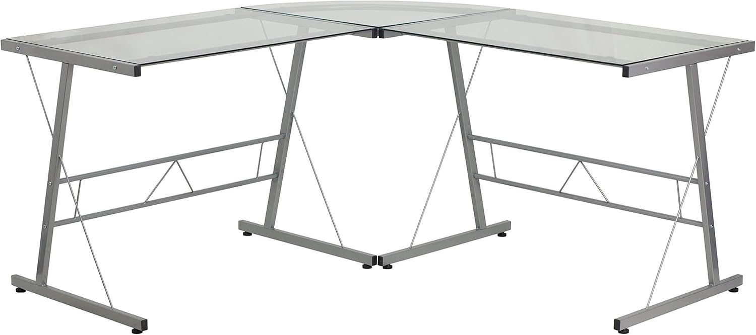 BOWERY HILL Contemporary L-Shaped Glass Desk, Clear Tempered Glass, Silver Powder-Coated Metal Frame, 29 in H x 83.5 in W x 48 in D, Modern Computer Desk for Home Office Workspaces