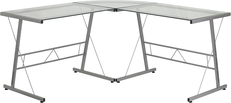 BOWERY HILL Contemporary L-Shaped Glass Desk, Clear Tempered Glass, Silver Powder-Coated Metal Frame, 29 in H x 83.5 in W x 48 in D, Modern Computer Desk for Home Office Workspaces