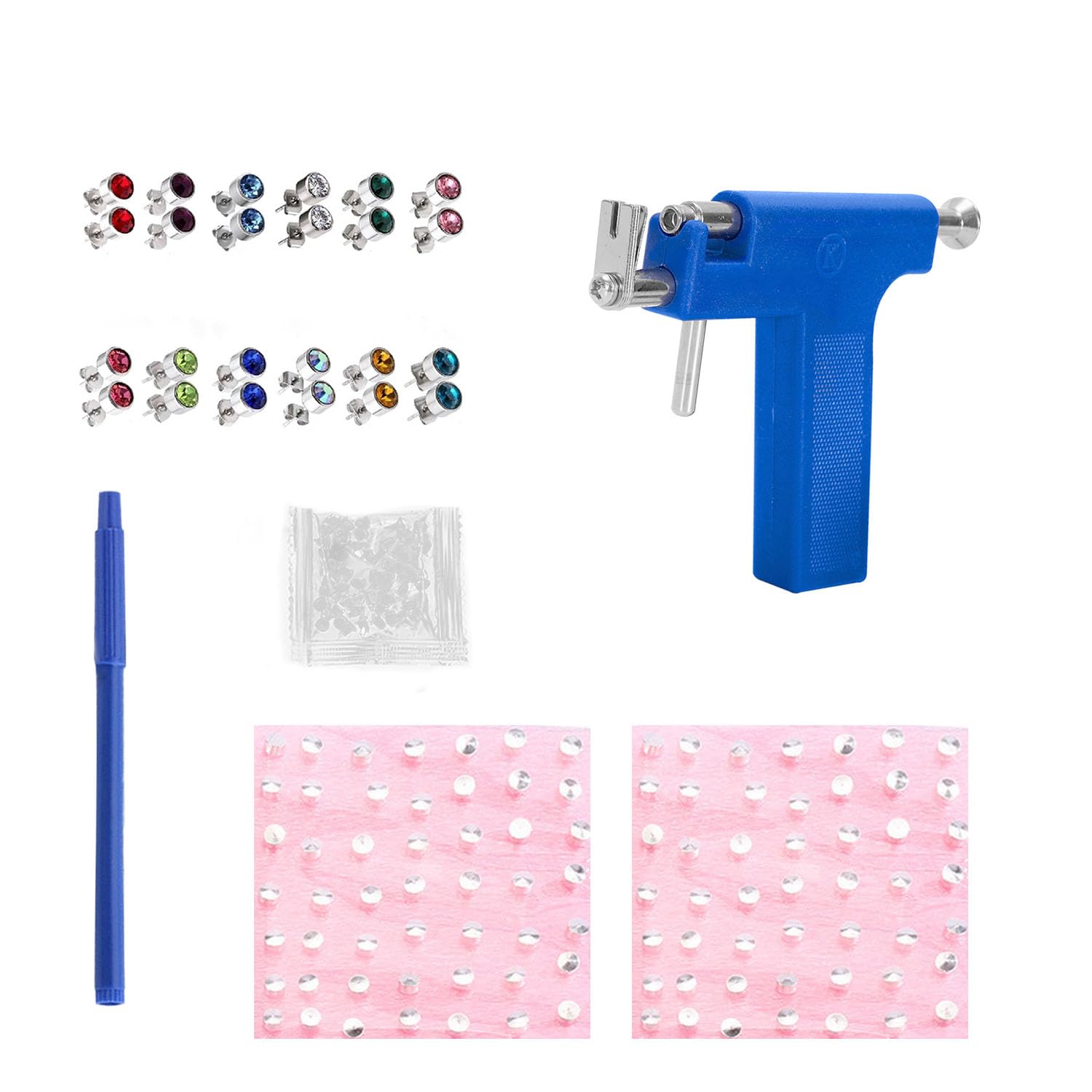 Juego de piercings para orejas de 200 piezas con 12 pares de aretes coloridos, pistola para perforar orejas, herramienta adecuada para uso doméstico, 11cm