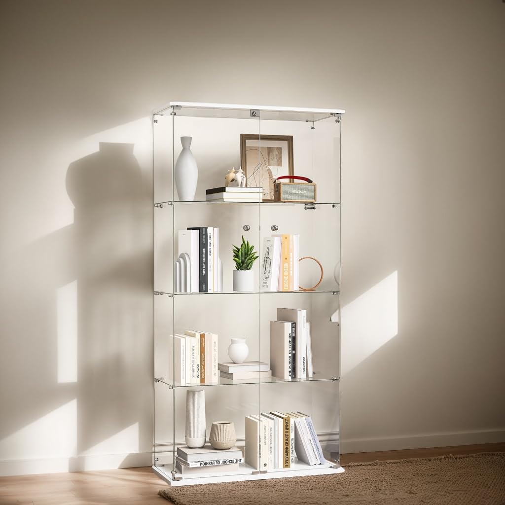 Vitrina de cristal, Vitrina Expositora para Colecciones con cerradura y 2 puertas Vitrina expositora cristal de pie de 4 estantes,Vitrina de cristal expositor Vitrina Cristal para Salón, Dormitorio