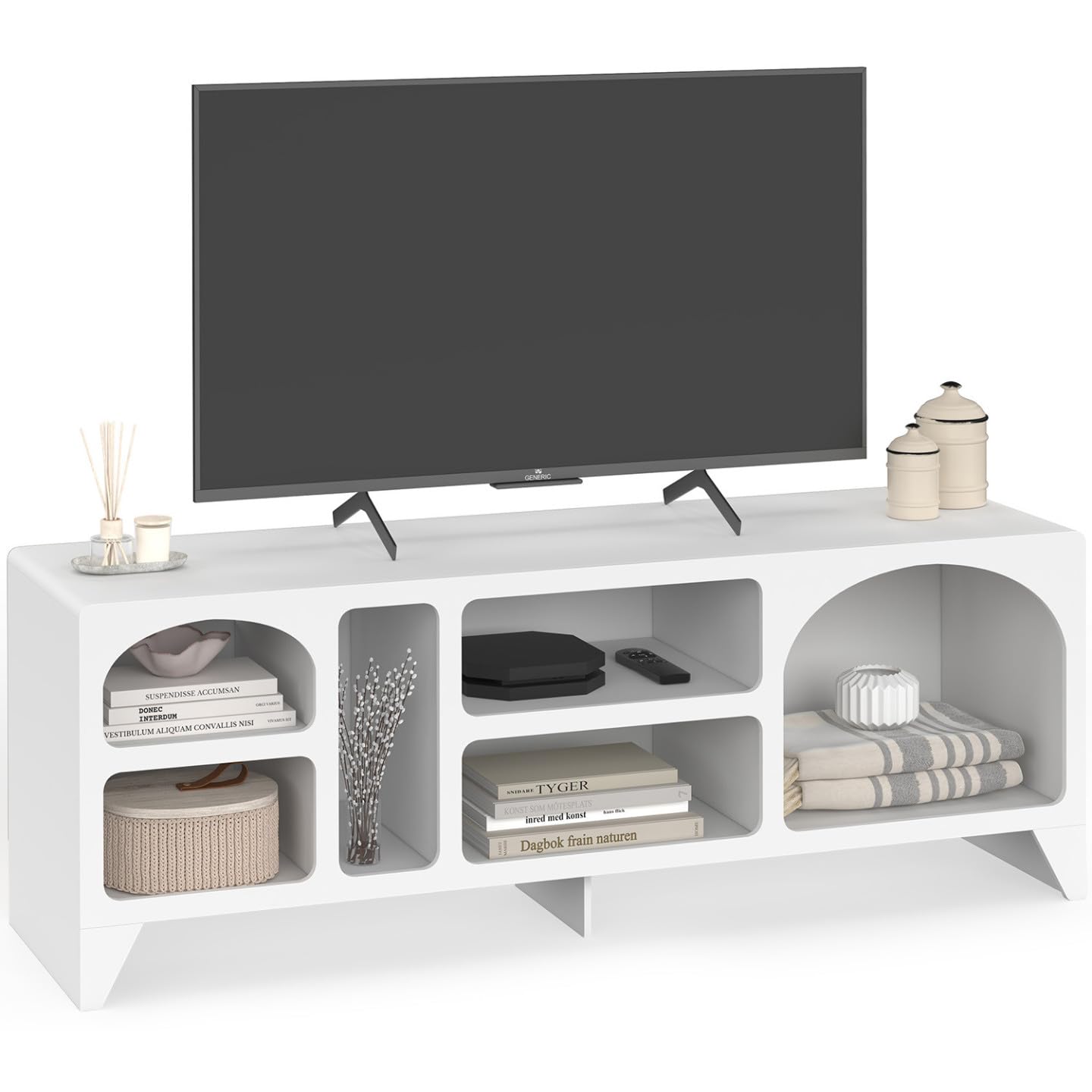 IDMarket - Meuble TV 140 cm Organique Alesia 6 niches Bois Blanc