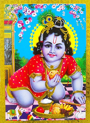Crafts of India Laddoo Gopal Krishna Poster/Reprint Hindu God Picture with Golden Foil (Unframed : Size 5"X7" inches)