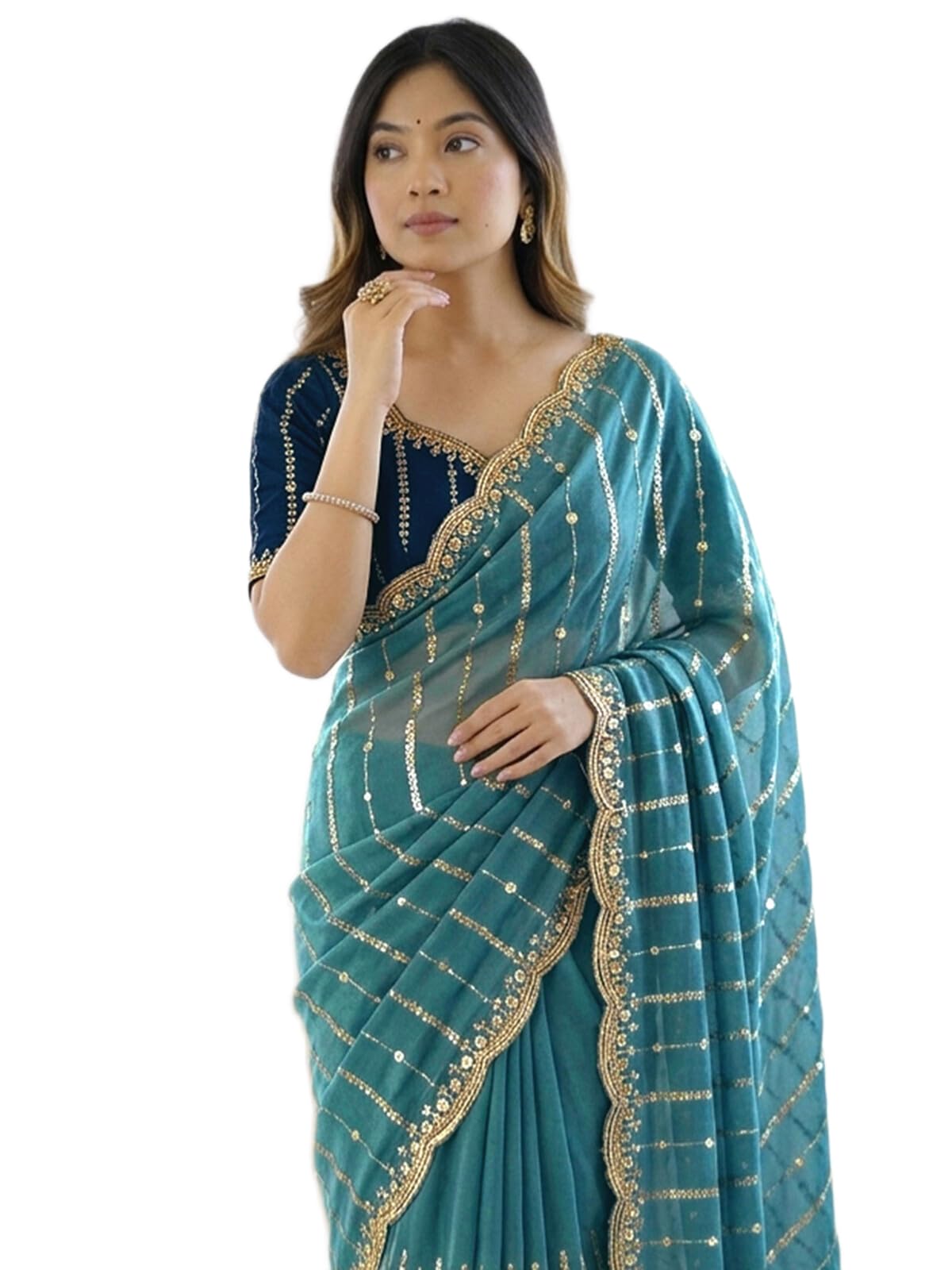 satrani Women's Shimmer Georgette Sequins Embroidery & Scalloped Border Saree with Unstitched Blouse Piece-picture-19