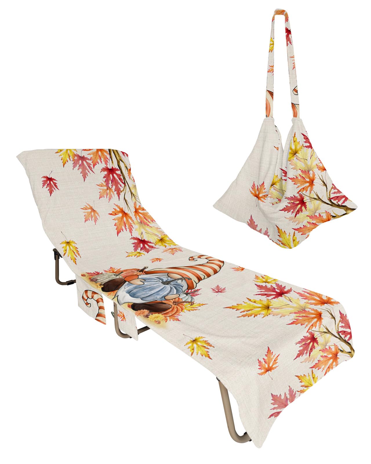 Fall Gnomes Beach Chair Towel Covers for Chaise Lounge with Side Pocket, Soft Plush Pool Towels Cover for Patio Sunbathing Outdoor 29''x85'' Thanksgiving Pumpkin Autumn Maple Leaves