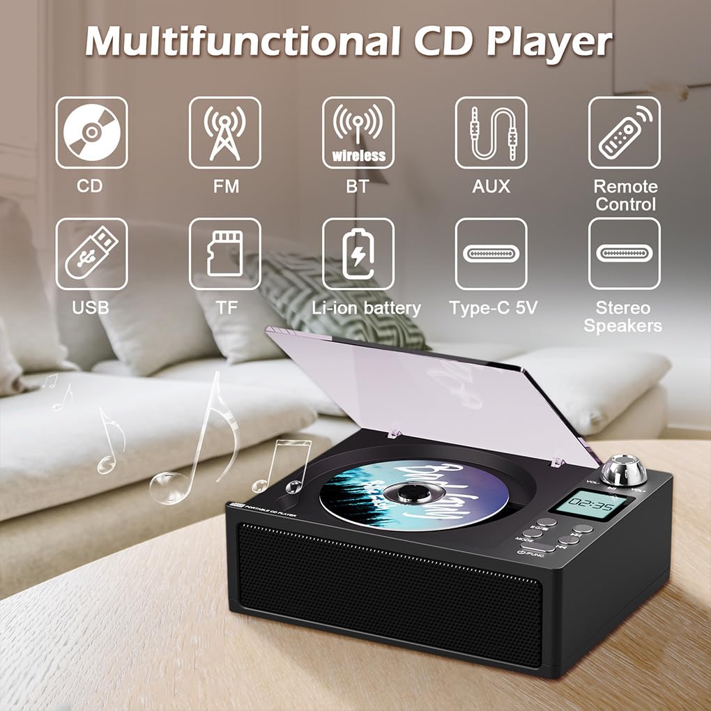 Reproductor de CD portátil de fácil manejo, Entretenimiento, Negro | simplificado, ABS con batería, reproductor de CD portátil, sonido duradero.
