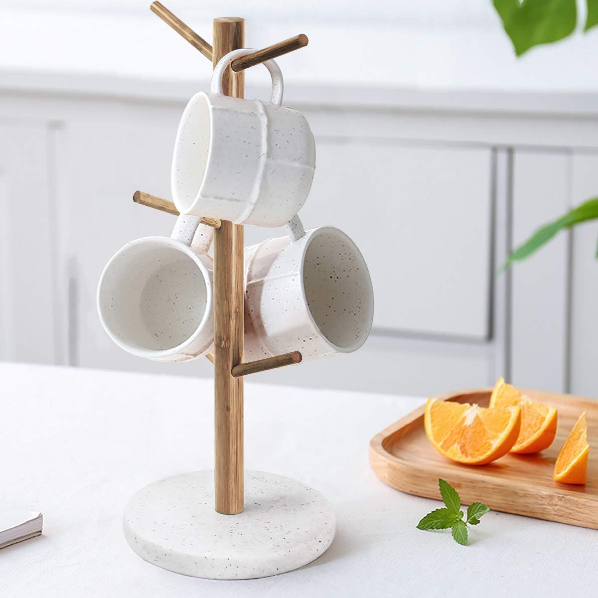 Topsky Mug Rack Countertop Tree, Resin Base Coffee Cup Holder Tree, Standing Mug Stand with 6 Hanger Hooks, Stone Look Vertical Storage Rack, Free Up Cabinet Space