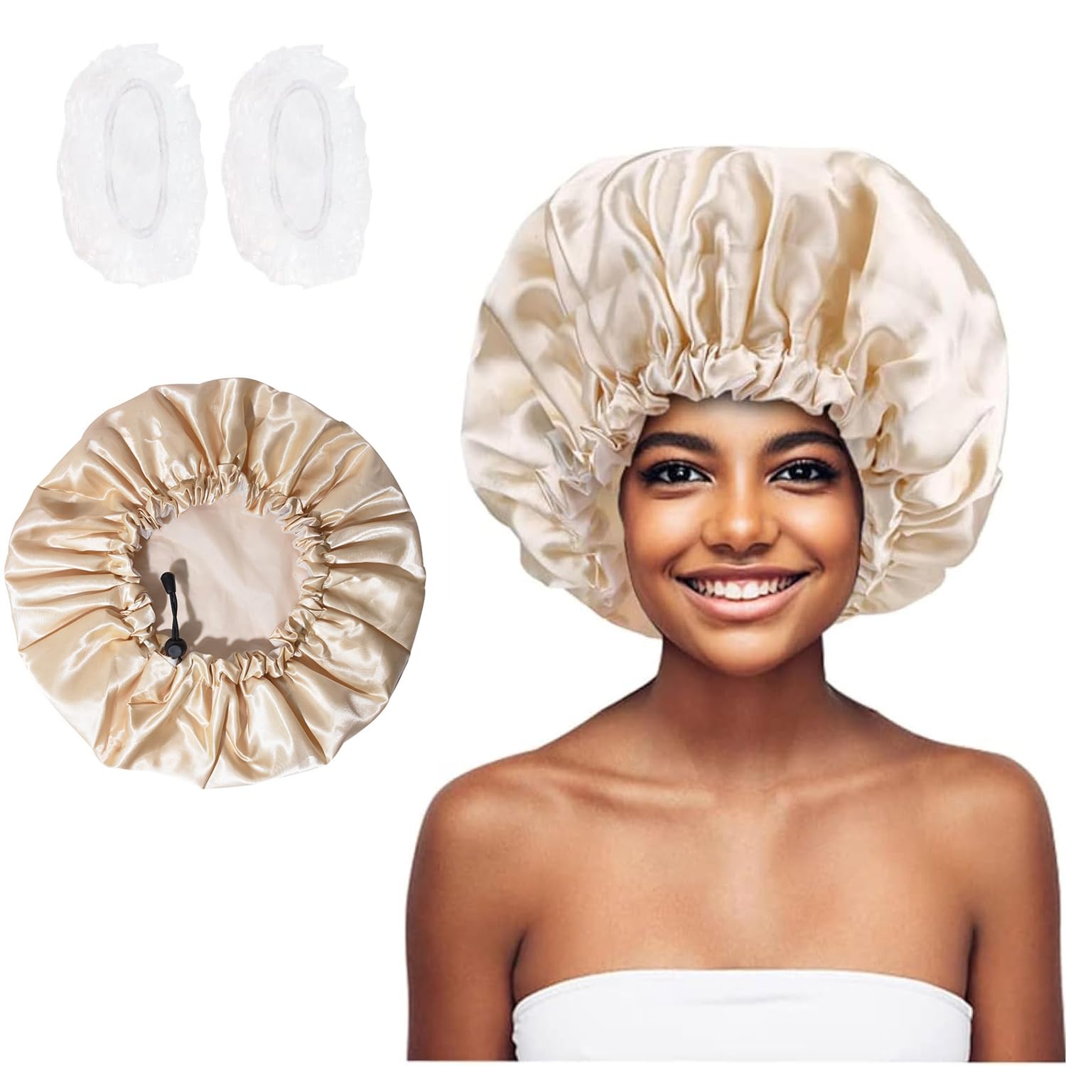 STAYOUNG Shower Cap - Waterproof Shower Cap with Disposable Ear Cover, Extra Large Satin Adjustable & Reusable for Dreadlocks, Waterproof Bath Cap for Women, Braids, Long Hair (Gold)
