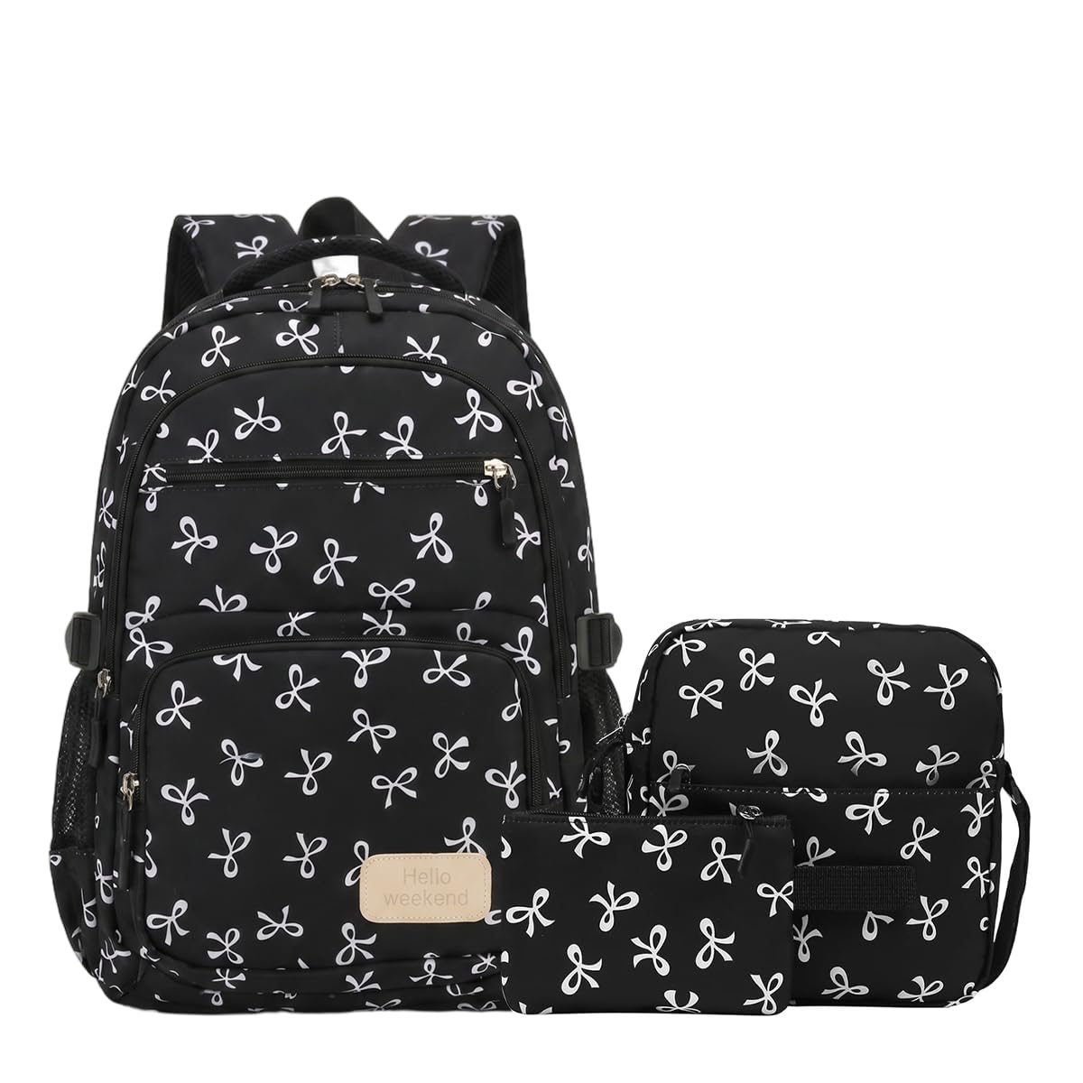 3pcs sweet stylish girls backpack set with bow print, cute nylon school backpack shoulder bag zipper pouch, lightweight casual bookbag for school, travel