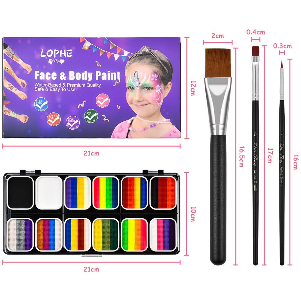 LOPHE Trucco Viso Bambini, 39 Colori Body Paint Pittura Viso Sicuro e Non Tossico, Colori Trucco Bambini Kit per la Pittura del Viso con 5 Pennello, Face Paint per Carnevale, Halloween, Cosplay