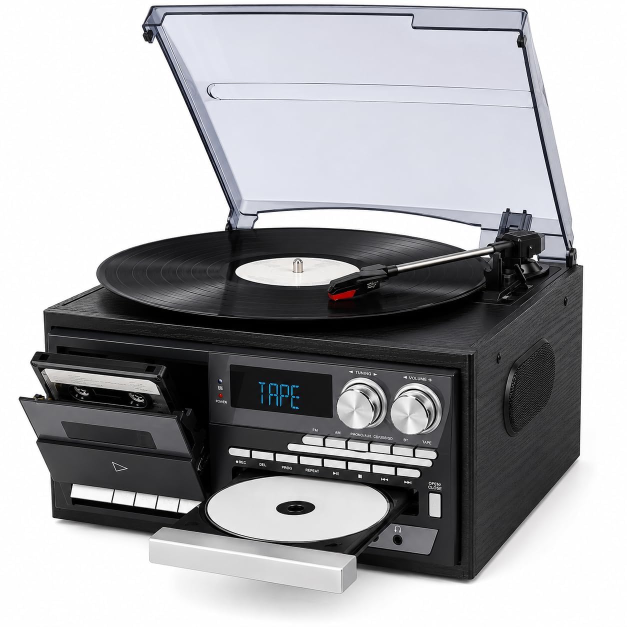 Reproductor de discos de vinilo y casete de 3 velocidades con Bluetooth y altavoces | Incluye reproductor de CD, conexión USB, radio AM/FM y cubierta antipolvo esmerilada; reproduce discos a 33, 45 y 78 RPM.
