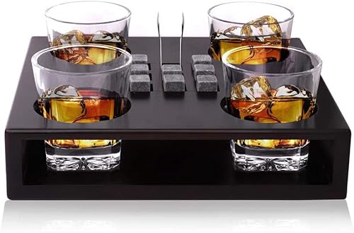 Bezrat Juego de vasos de whisky a la antigua, + 8 piedras de whisky y accesorios en bandeja de madera, 4 vasos de bourbon escocés, rocas