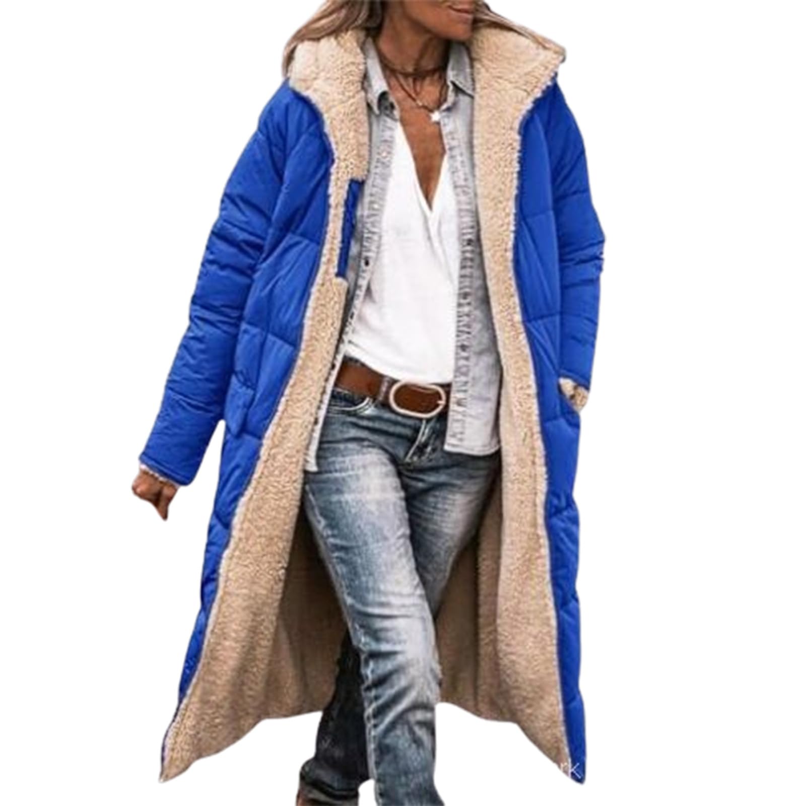 Qingxingfa Women's Blue ’S Long Quilted Puffer Coat With Hood – Warm Fleece Lined Oversized Winter Jacket (,Xl)