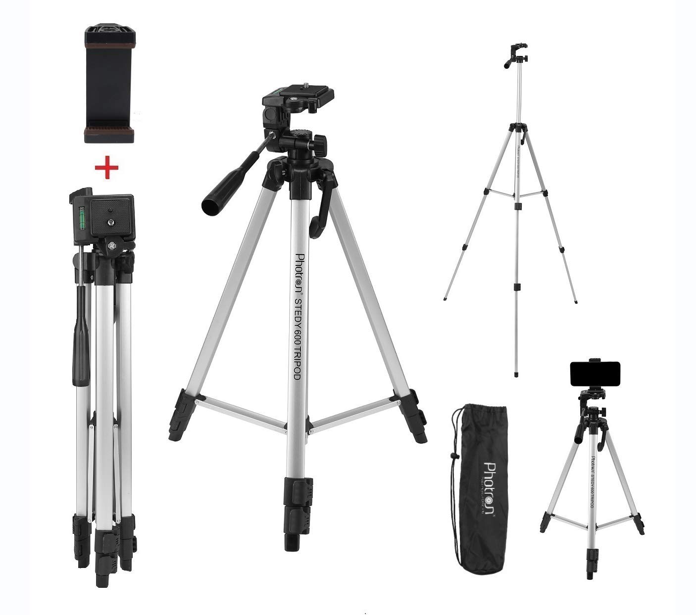 Photron Stedy 600M Tripod with Mobile Holder for Smart Phone, Camera, Mobile Phone | Extends to 1345mm (4.4 Feet) | Folds to 515mm(1.6 Feet) | Weight Load Capacity: 3kg | Case Included, Silver