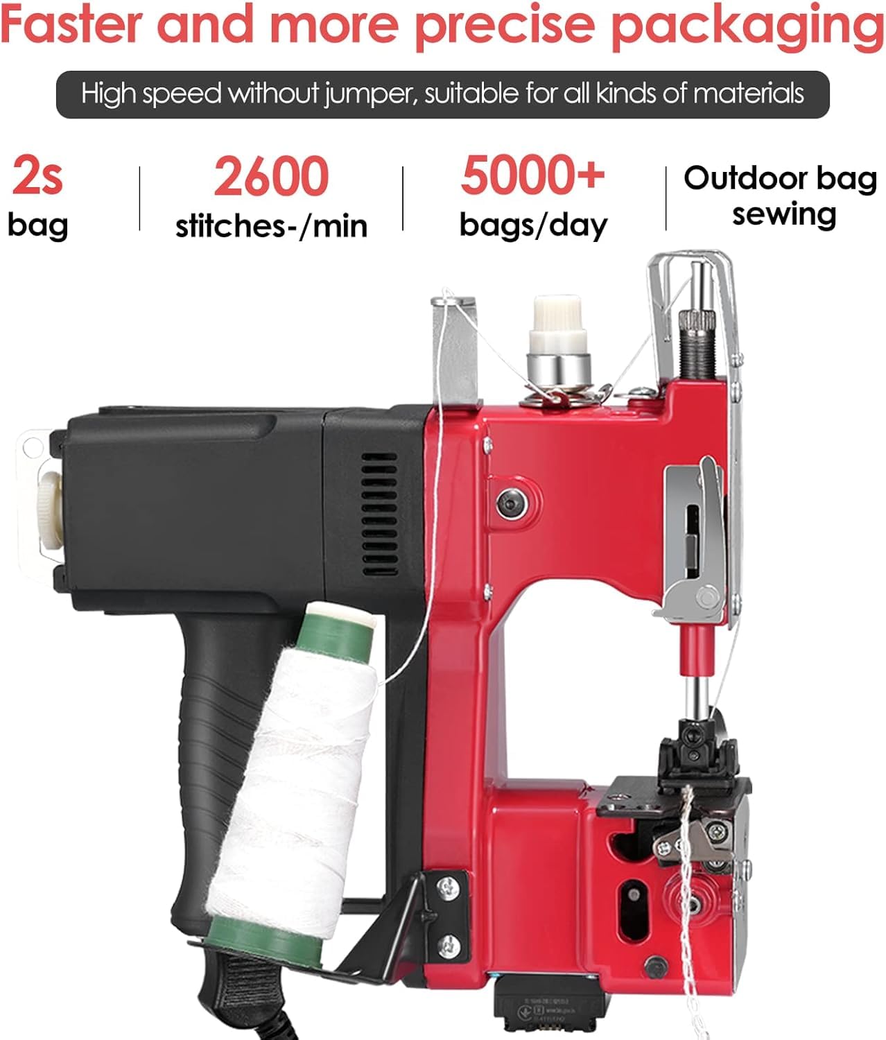 Maquina de Coser Portátiles,220V cosedora de sacos,2600 puntadas/minuto Selladora Eléctrica para Sacos, Bolsas Tejidas y Bolsas de Papel(Rojo)
