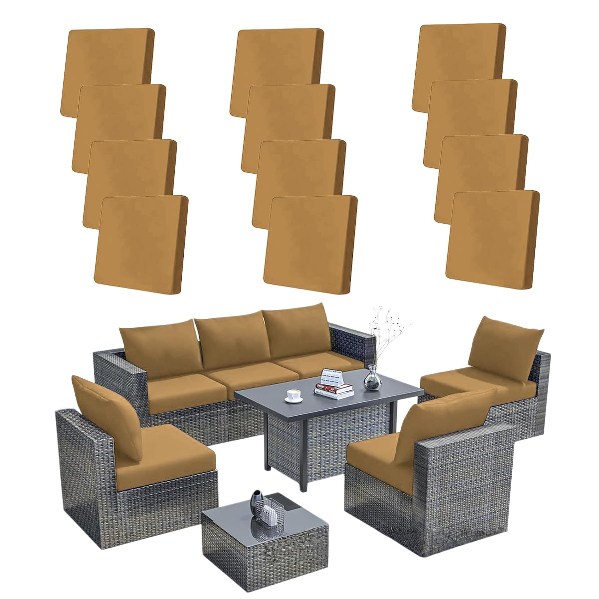Hiseng 8/12/14 PCS Outdoor Cushion Covers Stretch Patio Cushion Covers Replacement Slipcovers Washable for Outdoor Sofa Cushions, Garden Furniture Set, Rattan Corner Sofa (Camel,12PCS)
