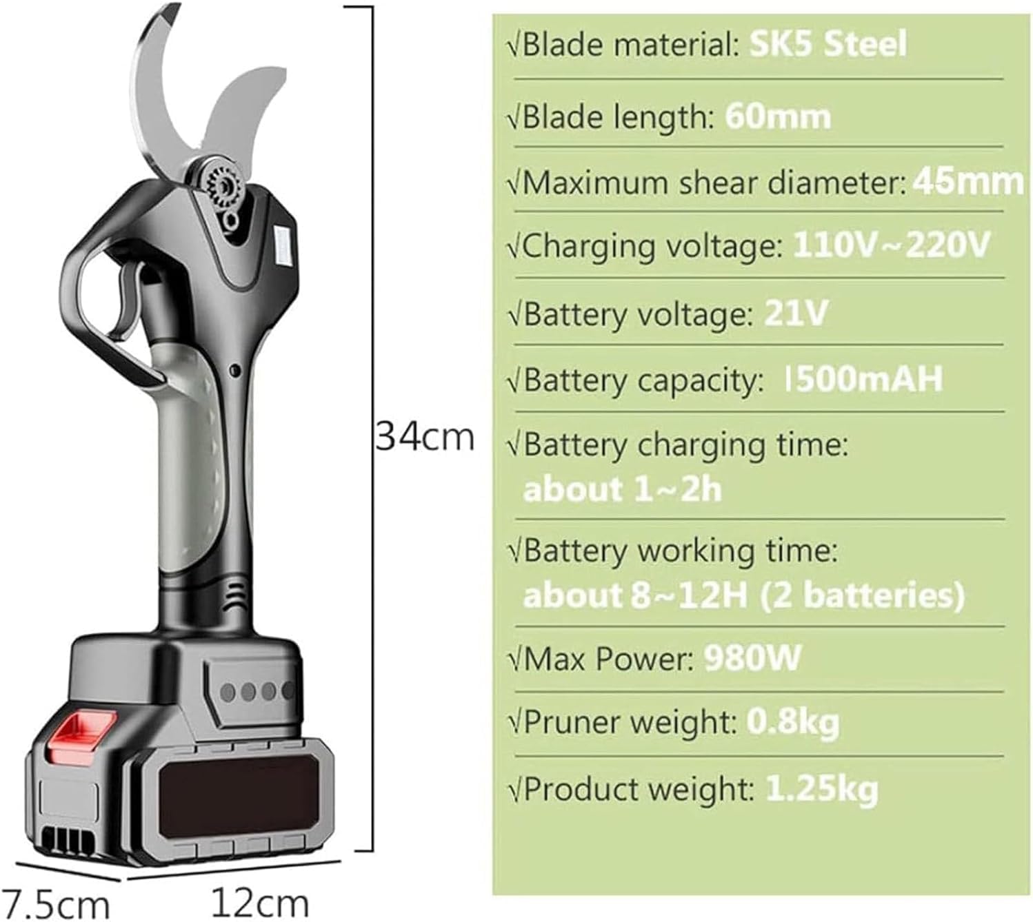 Electric Pruning Shears, Cordless Electric Scissors with 4.2-7.1ft Scalable Extension Rod, 1.7 Inch Cutting Diameter, 2 Battery and Charger