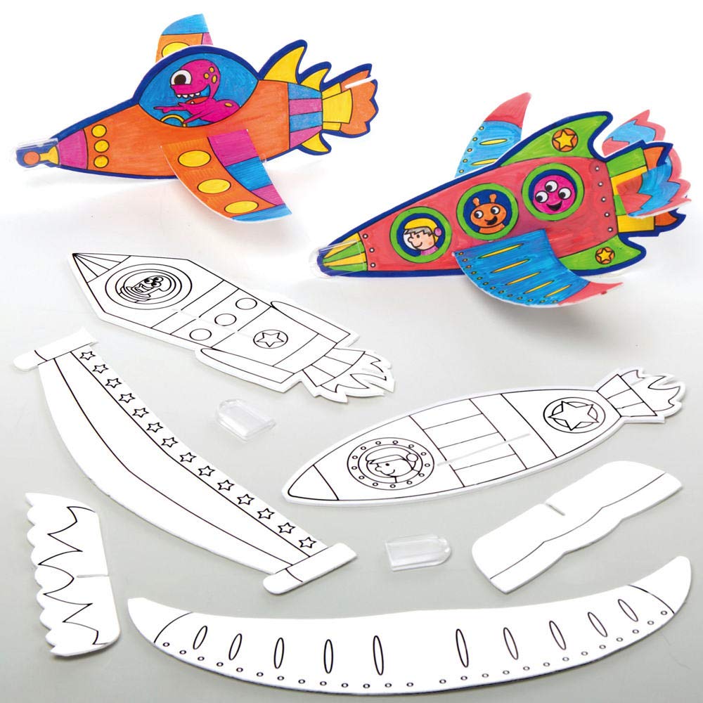 Baker Ross AX176 Make Your Own Rocket Flying Gliders - Pack of 10, Arts and Crafts for Kids to Colour in, Party Bag Fillers, Games and Prizes