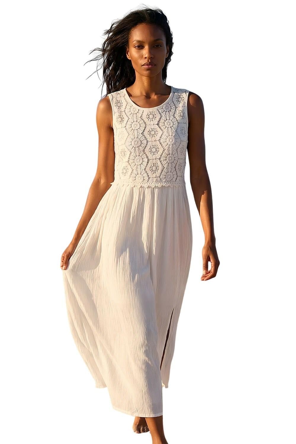 Roman Women's White Crochet Bodice Midi Dress In | Size: 18