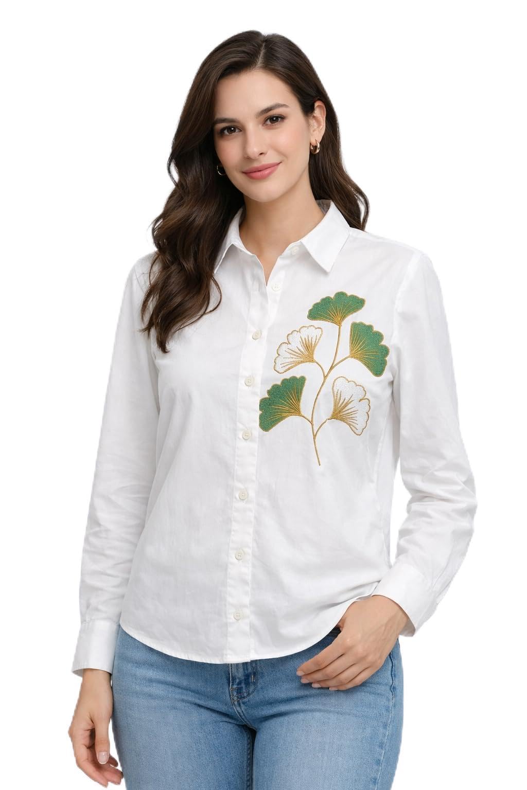 hilorill Women’s White Cotton Embroidered Shirt | Formal Office Wear Button Down Shirt for Women | Premium Silk Thread Embroidery Workwear Top Full Sleeve-picture-49