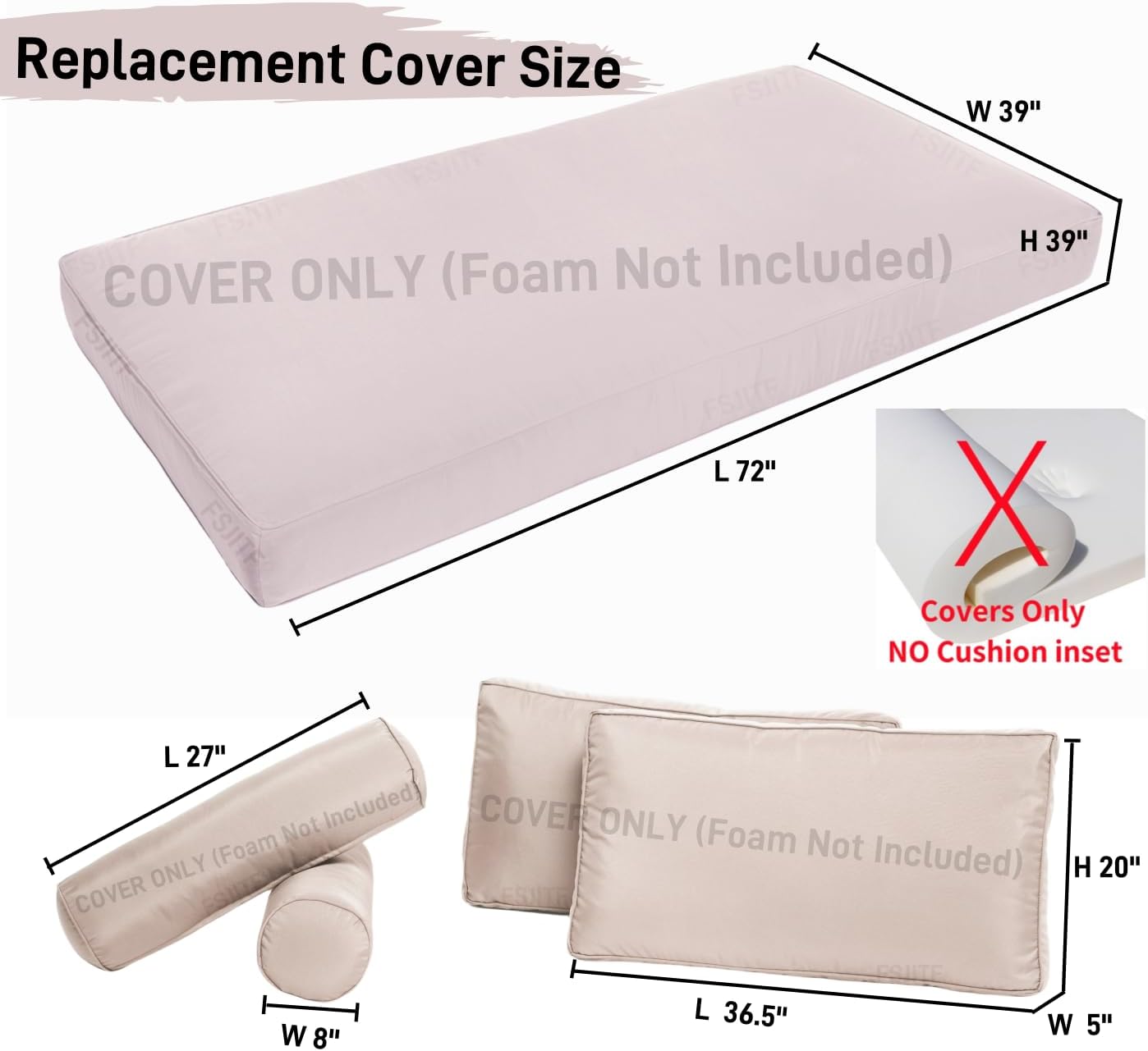Outdoor Twin daybed Cover,for Outside Patio Porch Swing Chair Mattress Bolster Cushion Pillow 75 * 39 * 6in,Waterproof Fade Resistant Fabrics,Cover Only (Khaki, 5-Piece Set)