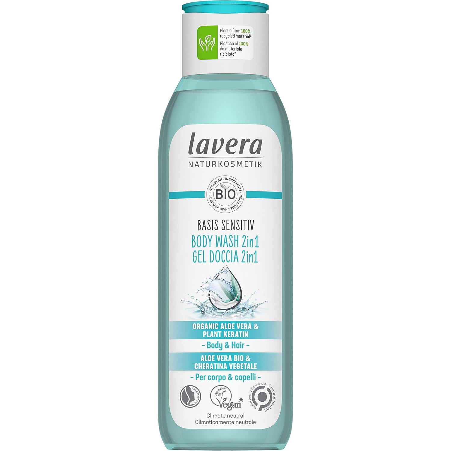 lavera basis sensitiv Body Wash 2in1 - Protects the skin flora - Natural Cosmetics - Vegan - With organic aloe vera and plant keratin - silicone-free - 1 x 250 ml