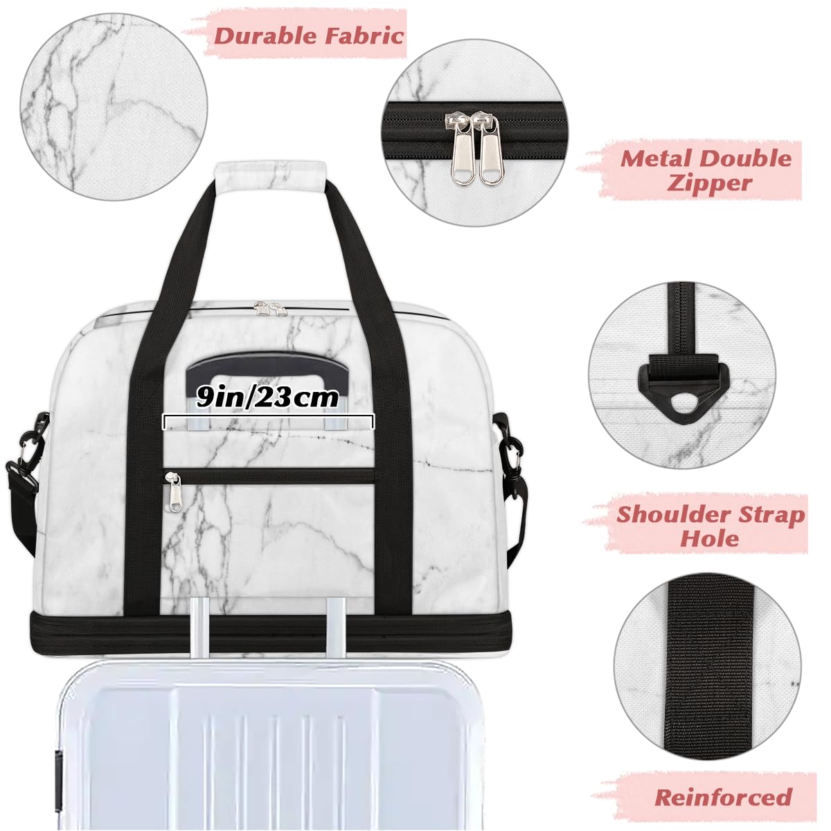 Bolsa de viaje plegable de mármol blanco con textura, bolsa de fin de semana de mármol de 47 litros con manga de carrito bolsa de hombro separada para deportes, gimnasio, viajes, multicolor, 47L,