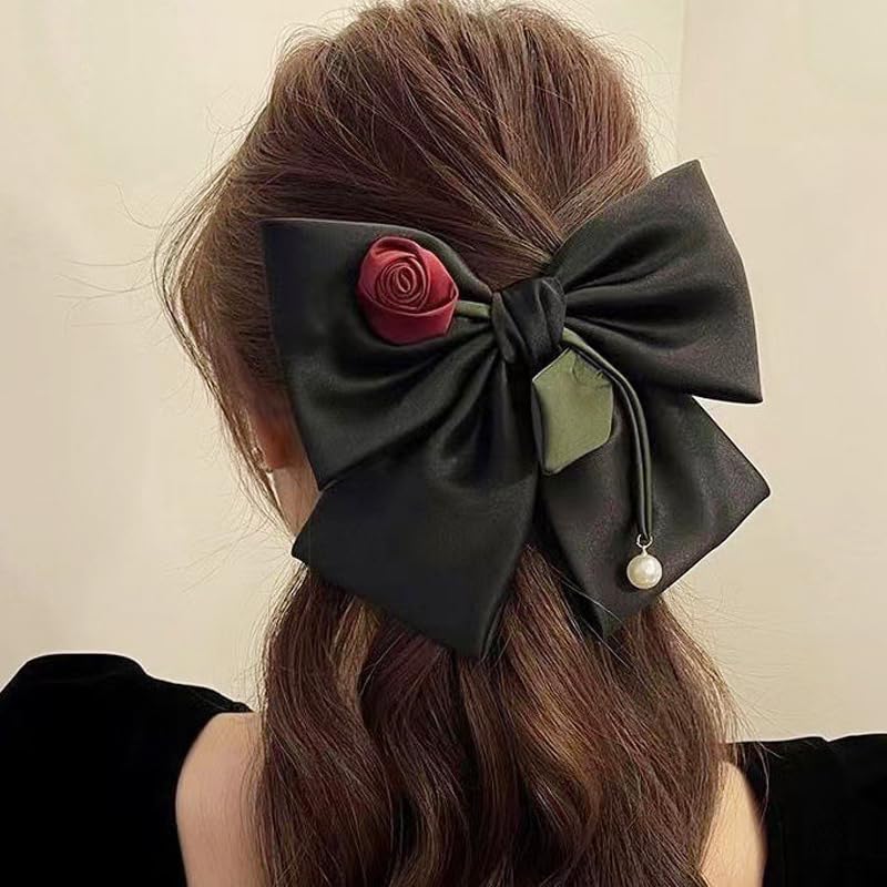Pinzas para el cabello con lazo negro para mujeres y niñas, con lazo de satén sedoso, pasador de pelo grueso, lazos de cinta de perlas, grandes