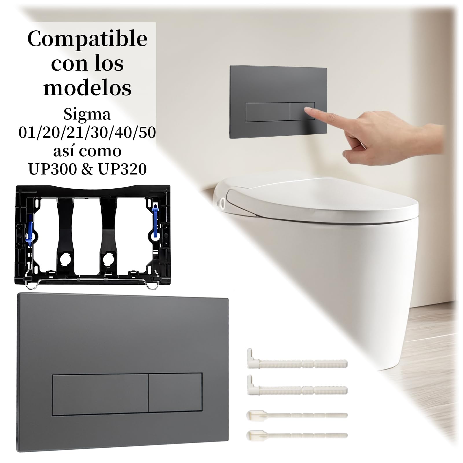 Placa de Accionamiento WC Doble Descarga, Compatible con Geberit Sigma 01/20/30, UP300 & UP320, con Kit de Palancas y Marco de Instalación, 245 × 164 mm (gris oscuro)