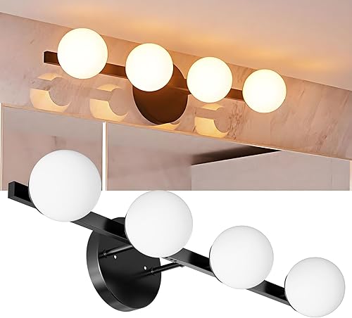 Lightdot Lámpara de tocador de baño de 4 luces, 26 pulgadas, modernas luces negras con globo de aguapantalla de policarbonato inastillable, lámparas