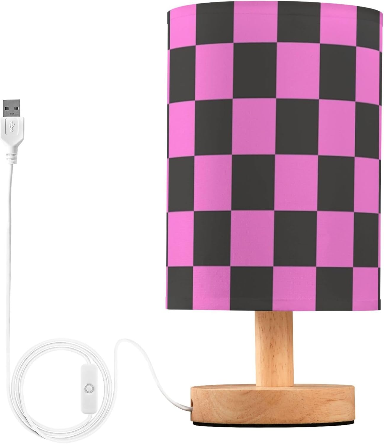 Table Lamp Pink Checkered Gingham Plaid Square Pattern Nightstand Lamp with Wood Base Fabric Lamp Shade Bedside Desk Lamp for Living Room Bedroom Kids Room Office