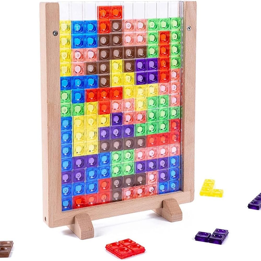 AMERTEER Wooden Tetris Puzzle Brain Teasers Toy - 3D Brain Teaser Puzzles Wooden Blocks - Tangram Jigsaw Intelligence Colorful 3D Russian Blocks Game STEM Montessori Educational Gift For Baby Kids