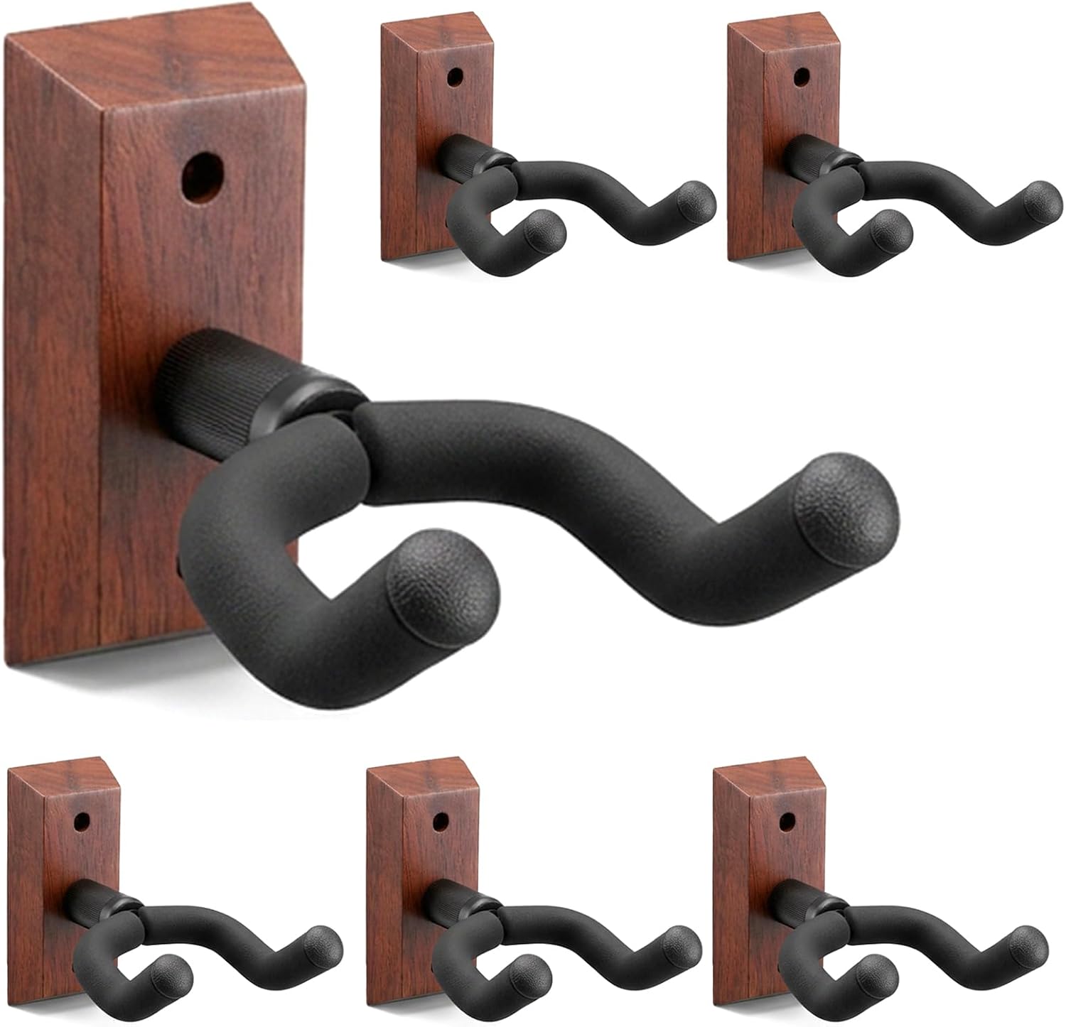 6 Pack Guitar Wall Mount with Rotatable Hook, Natural Wood Hardwood Guitar Stand Hanger for Acoustic, Electric, Bass, Mandolin - Space Saving Display & Secure Storage Solution