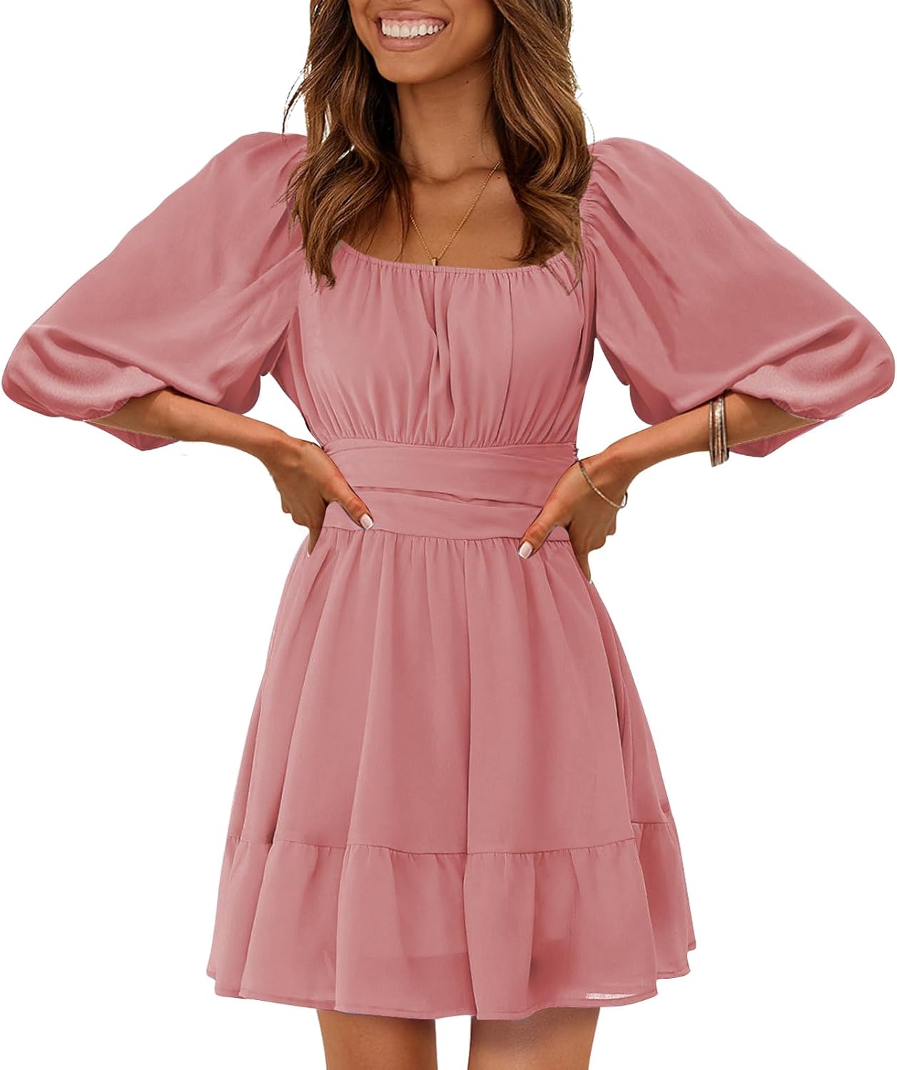 Exlura Women's Square Neck Puff Sleeve Mini Dress - Smocked Back With Invisible Zipper (Polyester)