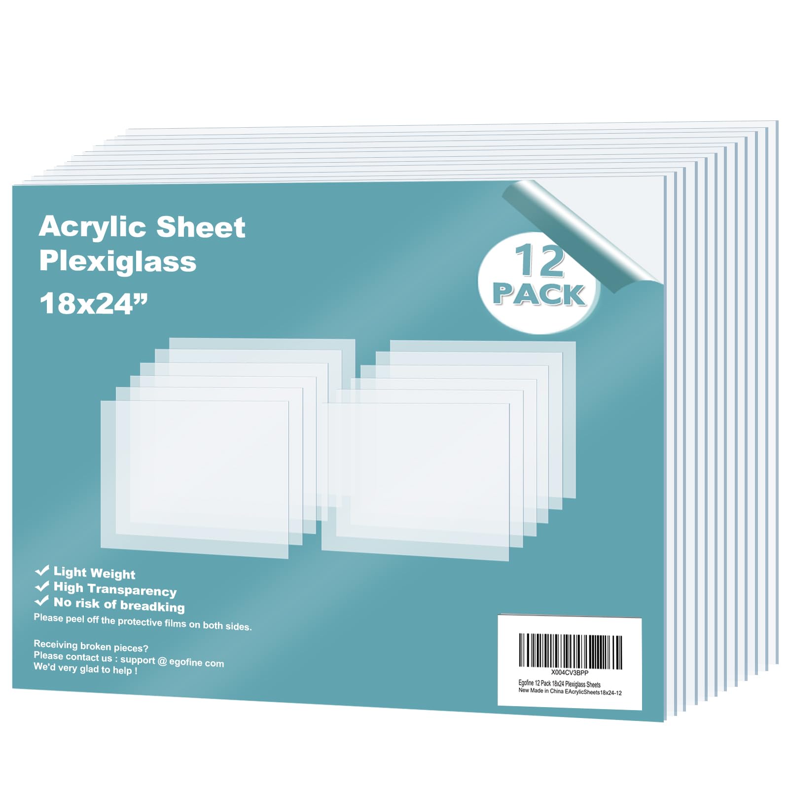 Egofine Plexiglass Sheets Acrylic Sheets 12 Pack of 18x24’’ 0.04 Thick Clear Plastic Cast Transparent Plexi Glass for Crafting Projects, Replacement Picture Frame Glass, DIY Display, Easy to Cut