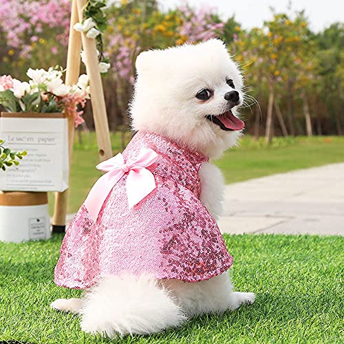 Hiropaw Sequin Skirt Sparkling Princess Dress Dog Puppy Wedding Party Dress Tutu Skirt Luxury Lace Bow Dress Bride Costume Sparkle Petti Dress For Small Dog Cat Puppy Pet Apparel (Rose Pink, L) #TOP22