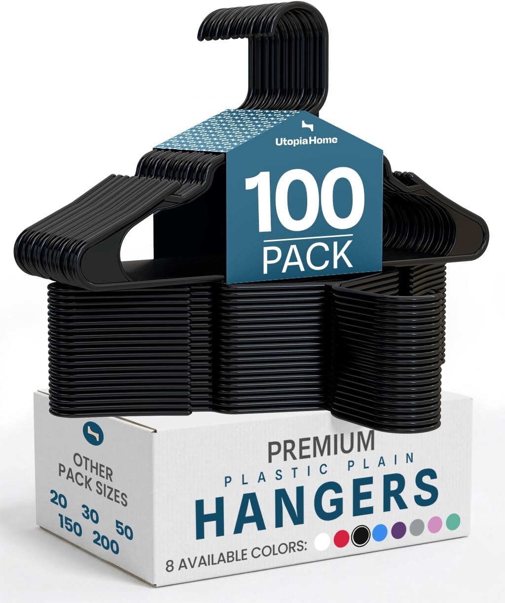 Plastic Hangers 100 Pack - Perfect Space Saving Clothes Hanger - Durable and Strong - Perfect Closet Organizers with Shoulder Grooves (Black)
