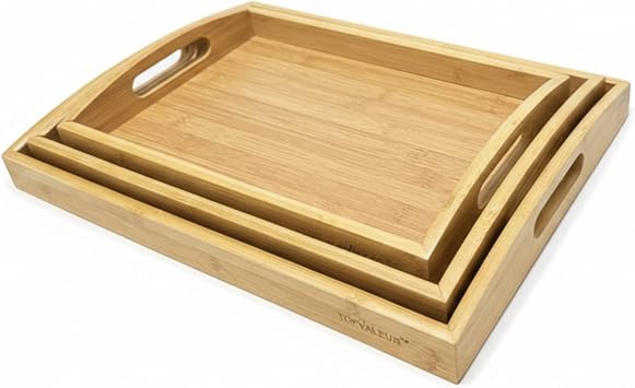 TOPVALAEUR Wooden Tray Set - Bamboo Serving Tray and Wooden Platter Set of 3 - Elegant And Durable Serving Trays For Breakfast In Bed & Tea
